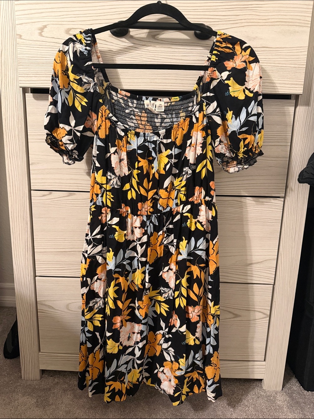 Roxy Black Midi Dress with Yellow & Cream Floral Print